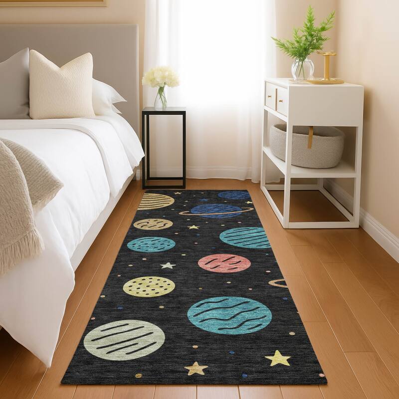 Machine Washable Indoor/ Outdoor Modern Planets Chantille Rug