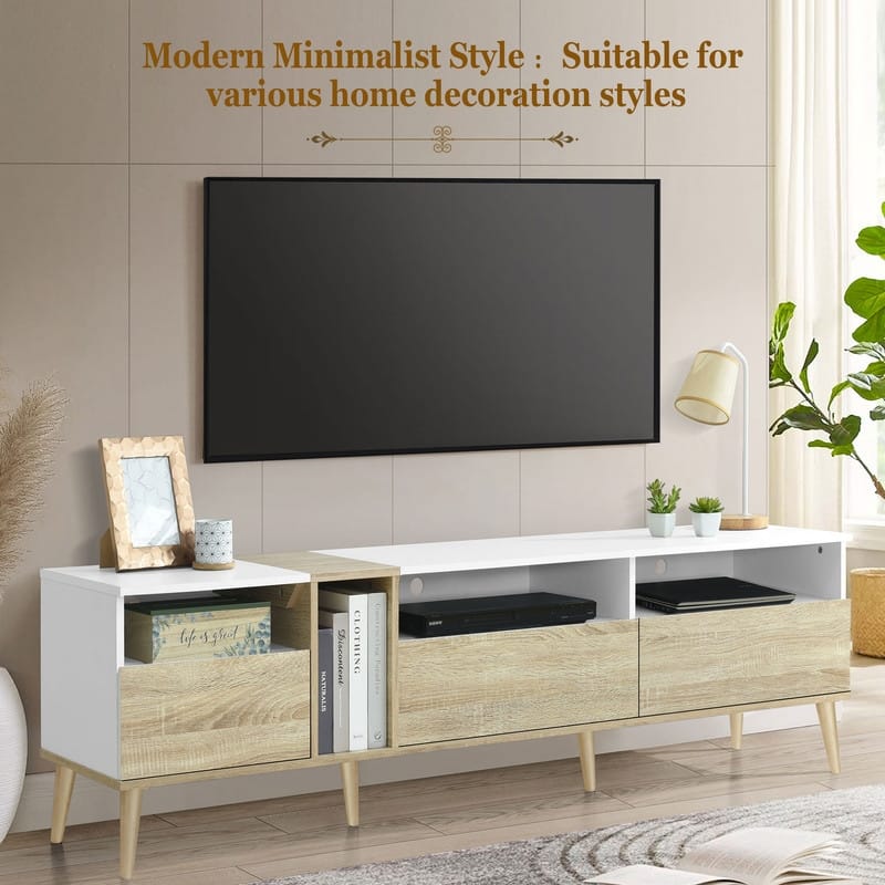 Modern TV with 3 Drawers and Open Shelves, Media Console Table for TVs up to 80'', Entertainment Center for Living Room, White