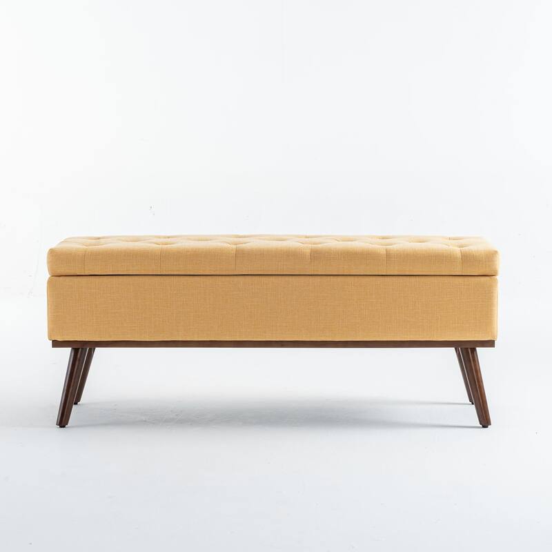 Linen Storage Ottoman Bench with Wood Legs, Upholstered Entryway Bench Tufted Mid Century Modern Ottoman Bedroom End of Bed