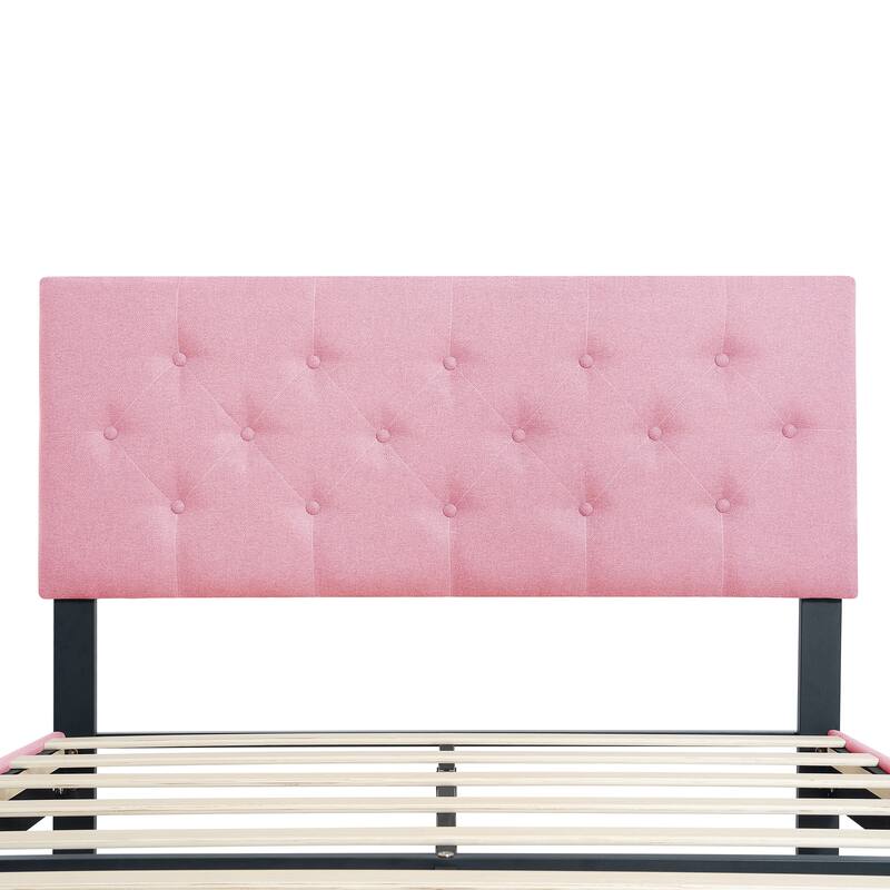 Pink Full Size Upholstered Platform Bed Frame with Button Tufted Linen Fabric Headboard