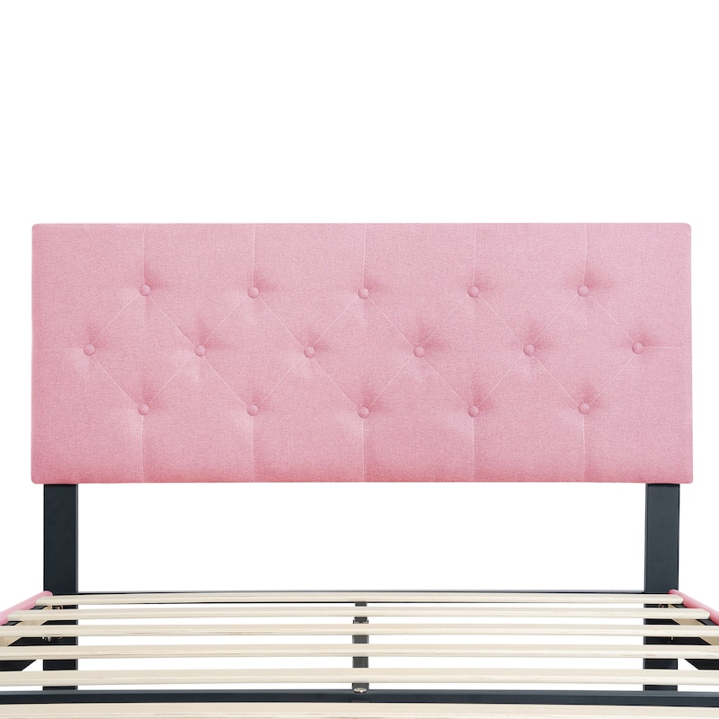 Upholstered Bed Frame with Button Tufted Linen Headboard