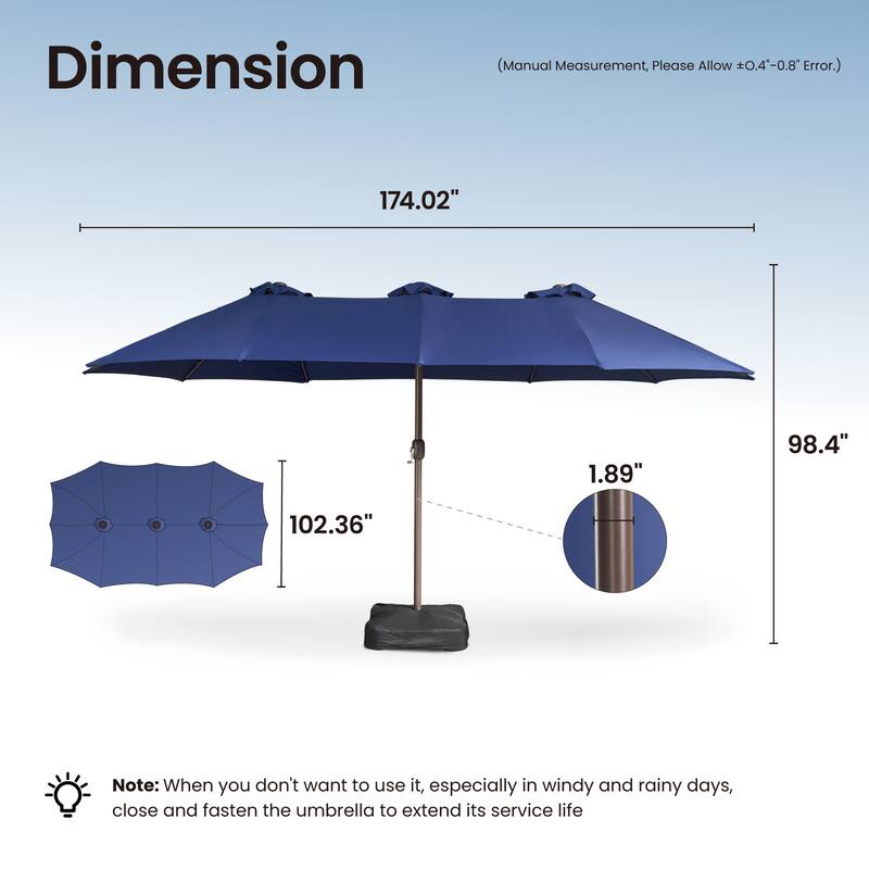 OVIOS 15ft Double-Sided Patio Umbrella with Crank & Weighted Sandbag Base