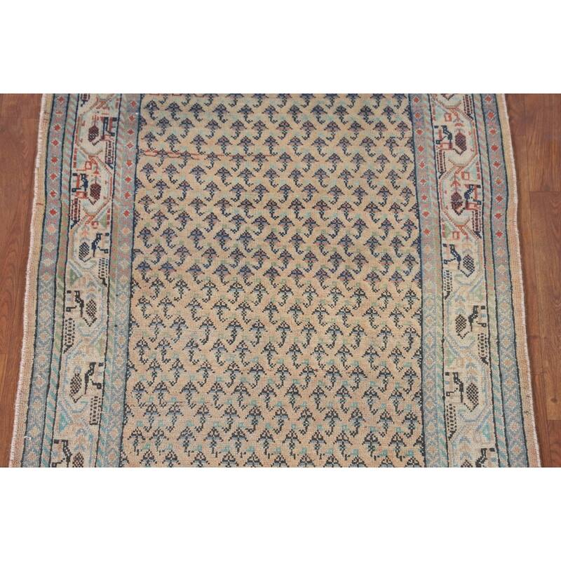 Geometric Botemir Persian Vintage Runner Rug Handmade Wool Carpet - 3'5" x 10'2"