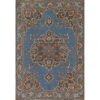 Over-Dyed Blue Tabriz Persian Vintage Rug Handmade Wool Carpet - 6'6"x 9'7"