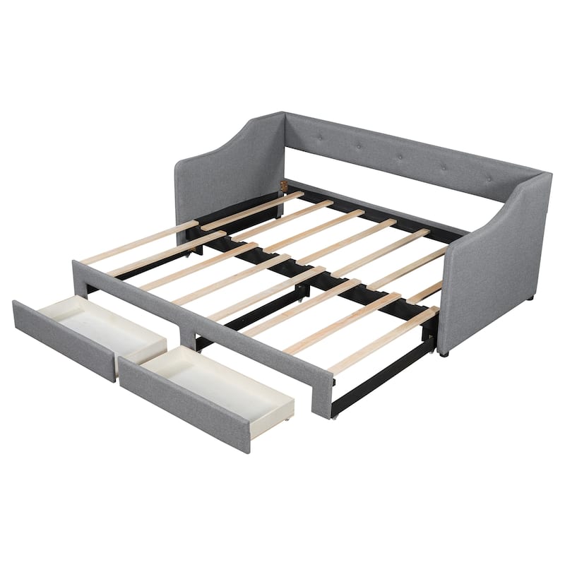 Roomfitters Twin XL to King Size Upholstered Daybed with Adjustable Frame and Storage Drawers