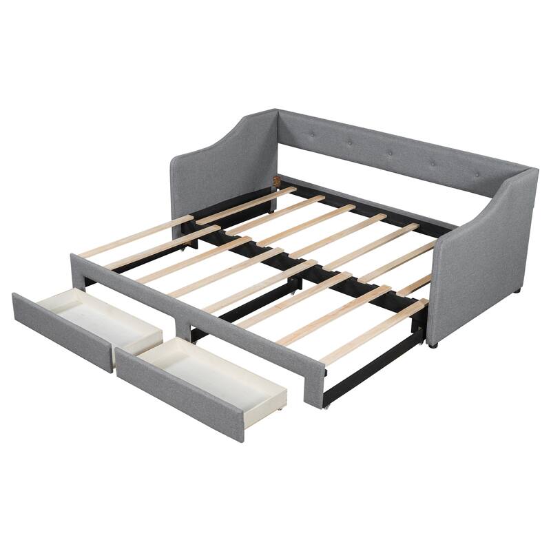 Twin XL to King Upholstered Daybed with Two Storage Drawers, Expandable Design, No Box Spring Required