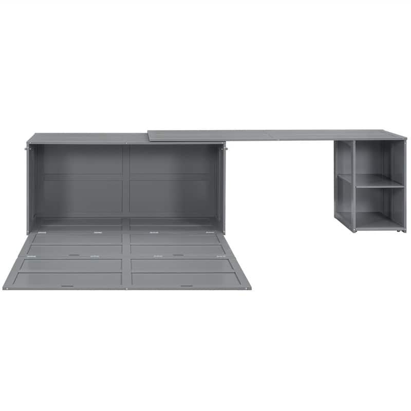 Queen Size Mobile Murphy Cube Cabinet Bed with Rotable Desk, Solid Wood Murphy Bed Chest Platform Murphy Bed for Guest Room
