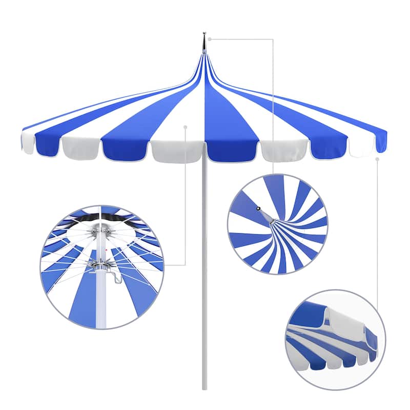 California Umbrella 8.5' Pagoda Series Patio Umbrella White Aluminum Pole Push Lift Sunbrella Natural and Pacific Blue