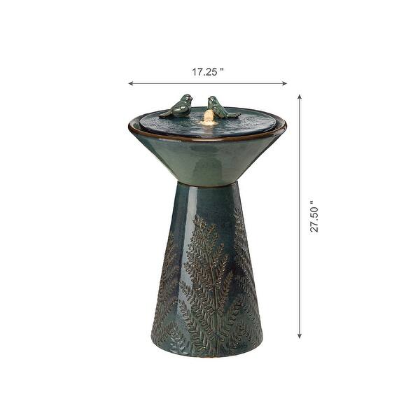 dimension image slide 1 of 2, Glitzhome 27.5"H LED Turquoise Two Birds Embossed Ceramic Fountain