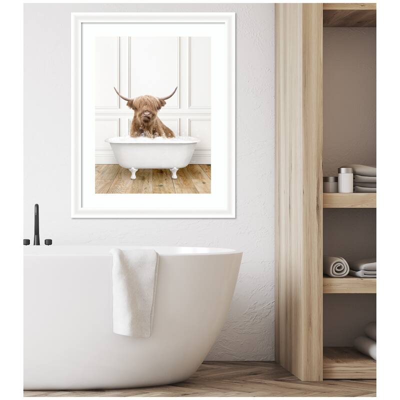 Kate and Laurel Highland Cow in Traditional Vintage Bathtub by Amy Peterson Framed Wall Art Print