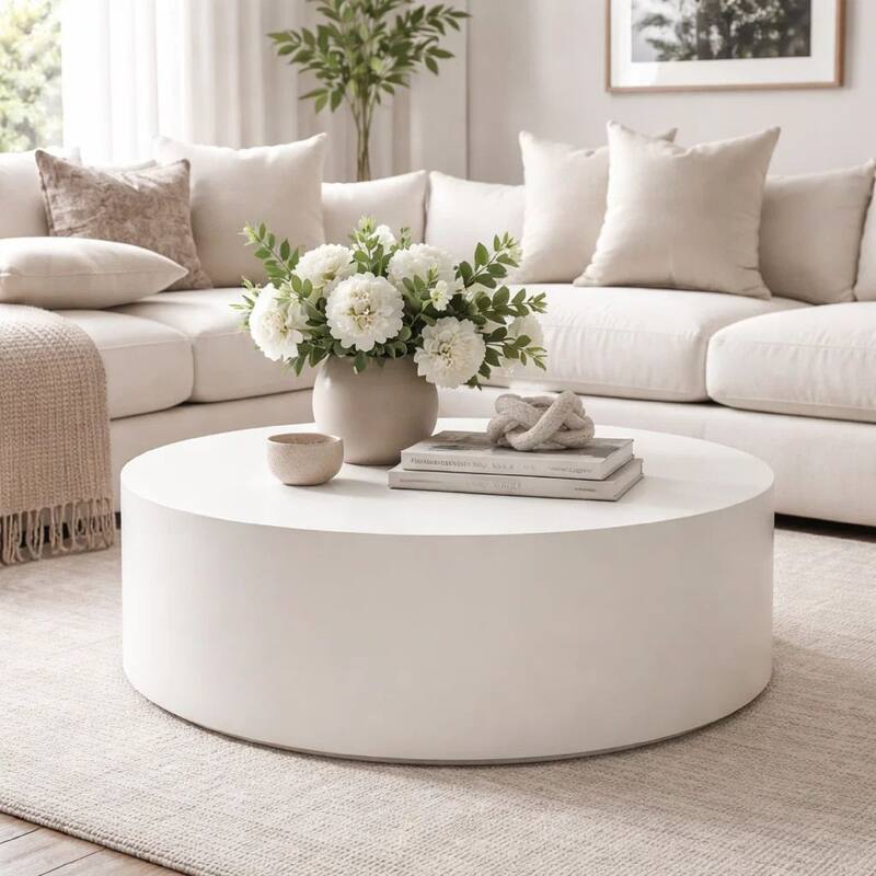 Viko Round Coffee Table, White Wood Faux Concrete Finish, 39 Inch