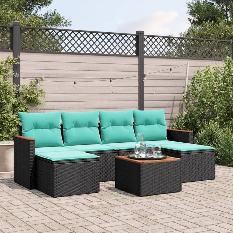 vidaXL 7 Piece Patio Sofa Set with Cushions Black Poly Rattan - 21.7 x 24.4 x 27.2