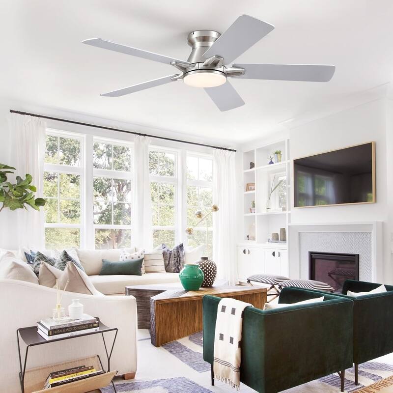 52 Inches Nickle Flush Mount Ceiling Fan with Light,3 Color Temperature LED,Reversible DC Motor - 52 Inches