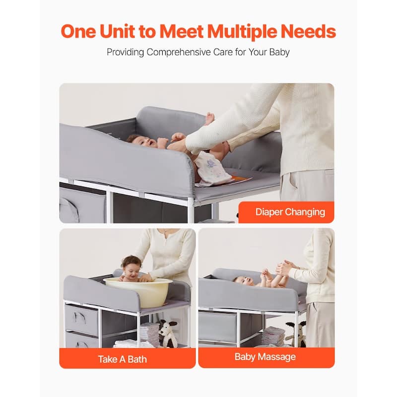 Grey Oxford Fabric Adjustable Kids Changing Table with 3 Drawers and Lockable Wheels - 29.72 x 20.08 x (39.37-42.32) in