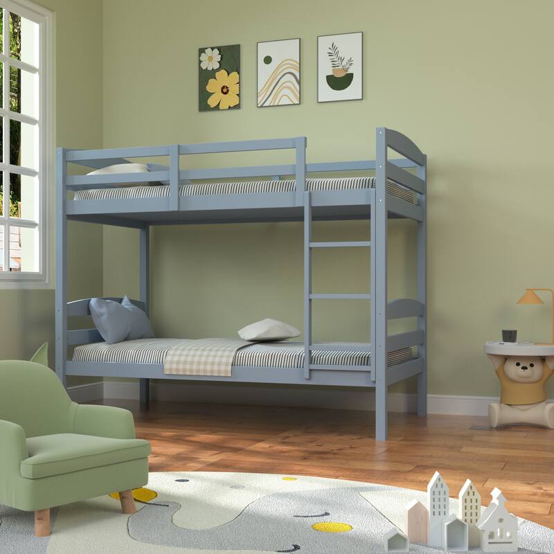 Grey Wood Twin Over Twin Bunk Bed with Staircase