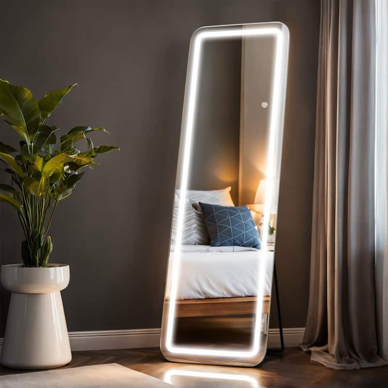 Floor Mirror with LED Light, 64" x 21" Full Length Mirror with Stand, Hanging Mirror Wall Mounted Mirror Full Body Mirror