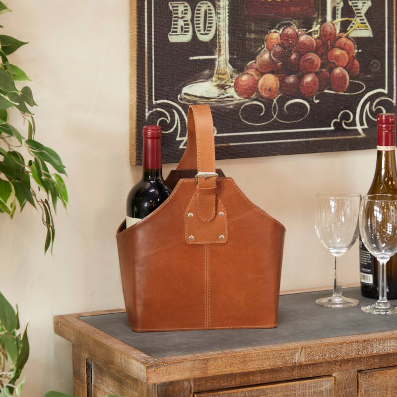 Leather 2 Bottle Wine Holder with Carrying Handle - Brown - 5.65 x 10.25 x 13.30