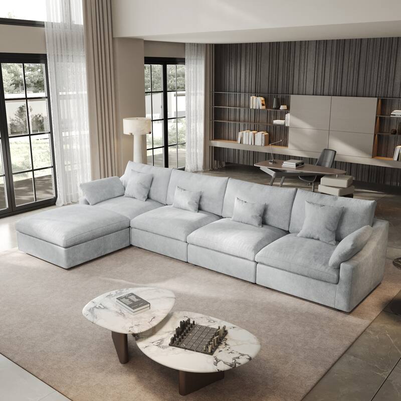 155.9" L-shaped Modern Linen Sectional Modular Sofa 4-Seater Down Filled Cloud Couch with Ottoman - Grey