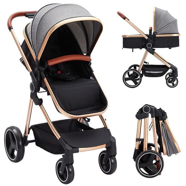 slide 2 of 22, 2-in-1 Convertible Baby Stroller,Foldable Pushchair for Newborns with Reversible High Landscape Bassinet, Adjustable Canopy
