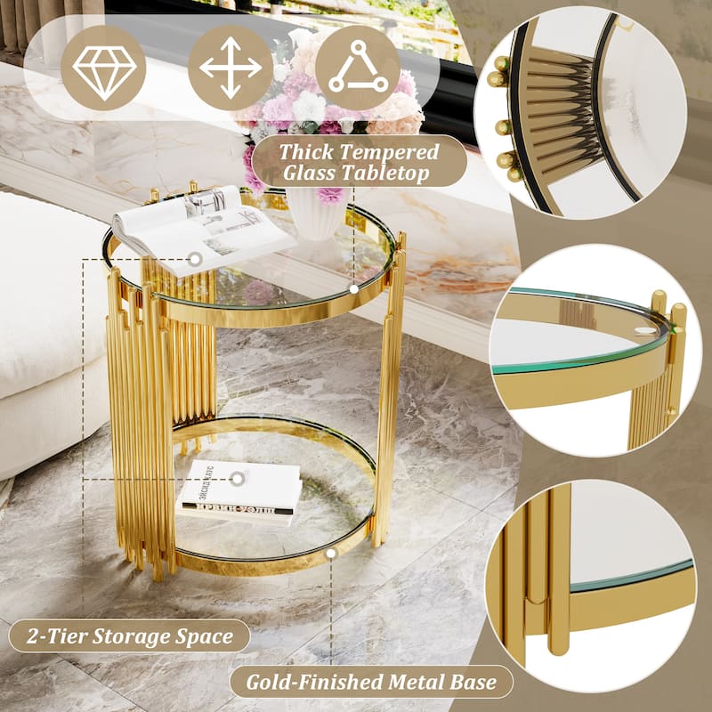 19.8" Modern Transparent Glass End Table for Living Room, Round, Asymmetrical Metal, Gold Finish & Lower Shelf