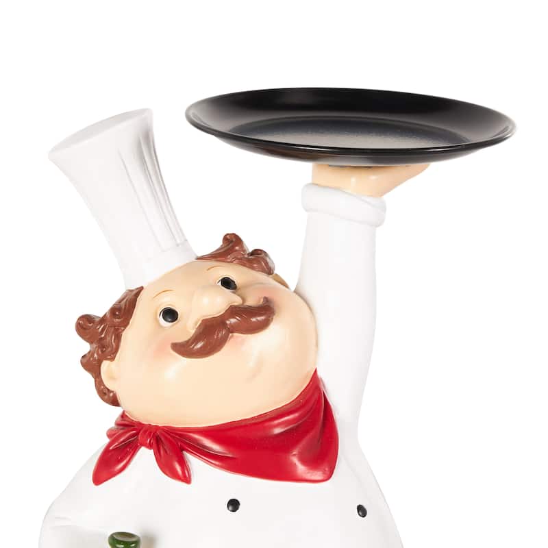 White Polystone Kitchen Decorative Figurine Chef Decorative Sculpture with Black Tray and Green Bottle