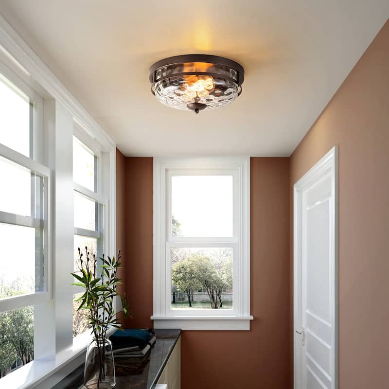 2-Light Modern Industrial ORB/Gold Ceiling Light Dome Cone Clear Water Rippled Glass Flush Mount Light