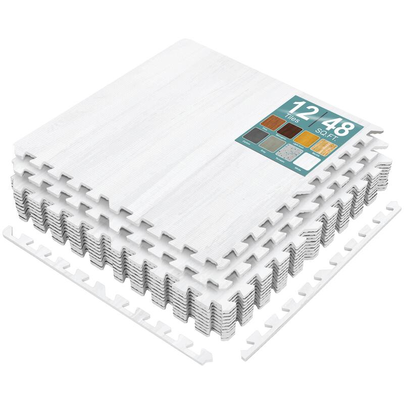 Interlocking Floor Mat - Gray Wood Print, 12 Pieces and Borders - White