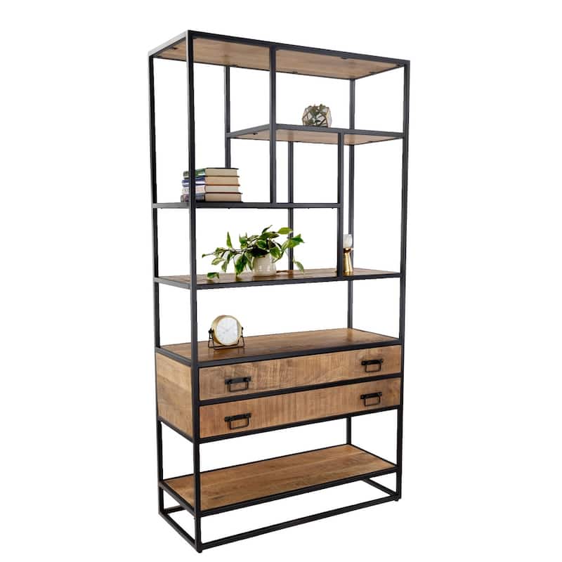75" Tall Industrial Bookshelf with Drawers Solid Mango Wood
