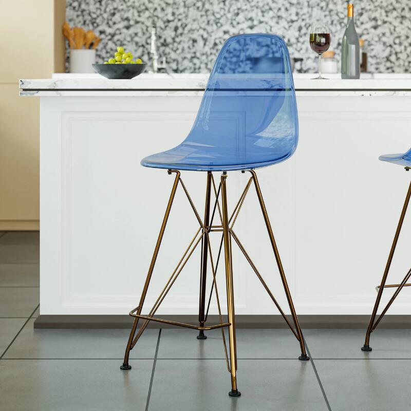 Cresco Acrylic Bar Stool with Gold Chrome Steel Base and Footrest - Counter Height Chair for Kitchen or Dining Area Set of 2
