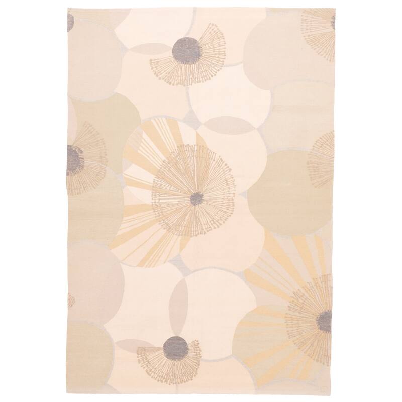 ECARPETGALLERY Flat-Weave Dynasty Beige, Khaki Wool Tapestry Kilim - 6'0 x 8'10