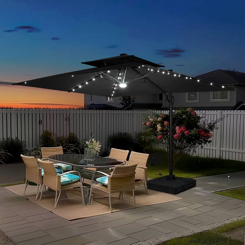9 x 11 FT Outdoor Double Top LED Lighted Patio Cantilever Umbrella with Base Stand