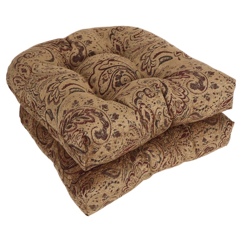 19-inch Rounded Back Jacquard Chenille Chair Cushion - 19 x 19 - Scrolled Floral Tan - Set of 2