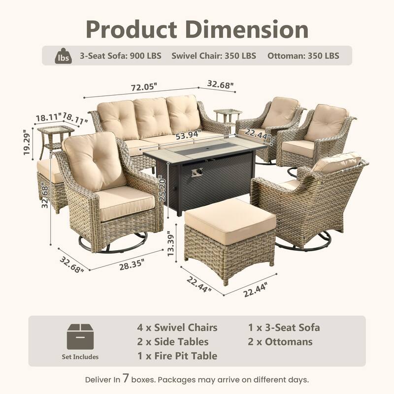 HOOOWOOO 10-piece Wicker Outdoor Patio High Back Swivel Chair Set with Fire Pit