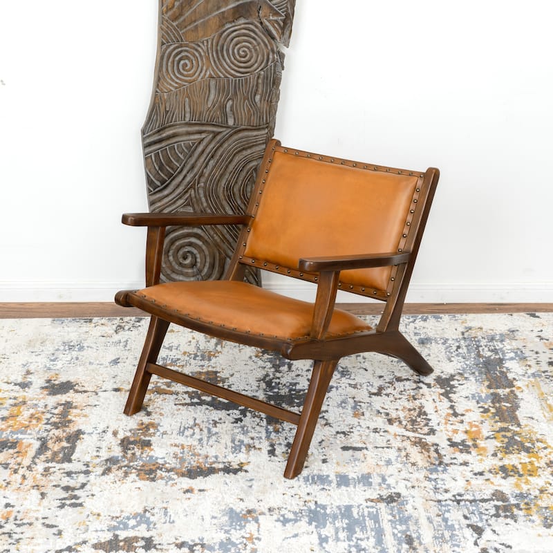 Marino Mid Century Modern Furniture Style Wide Top Leather Antique Tan Accent Armchair