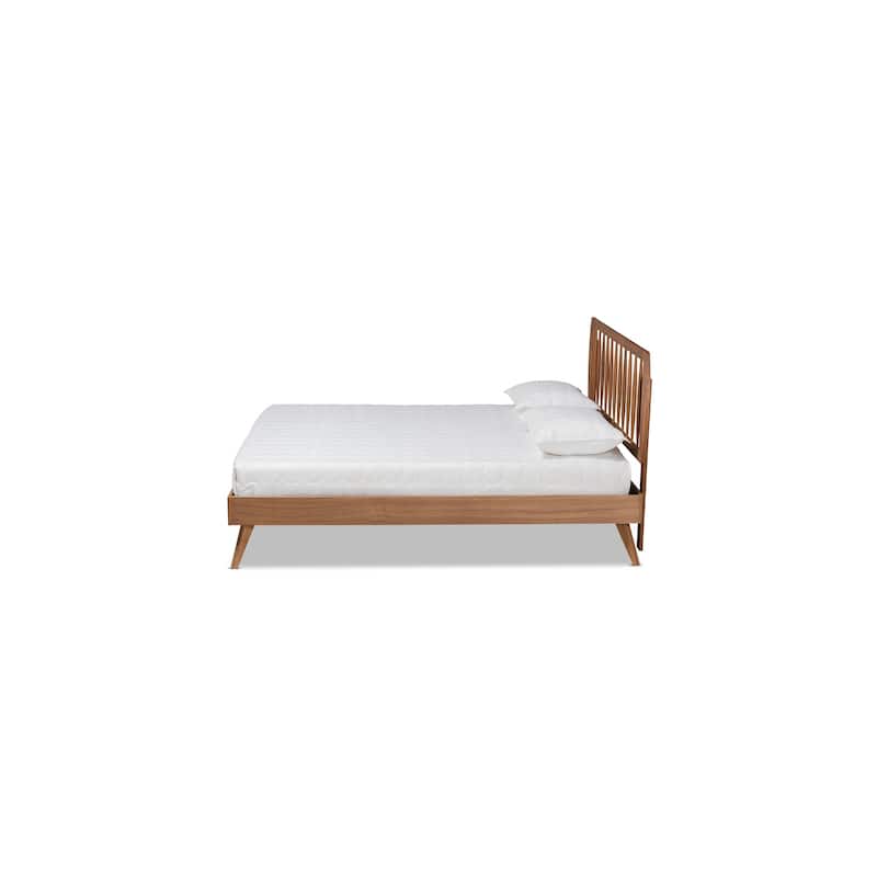 King Size Platform Bed Wood Frame - Modern Design, Walnut Finish, Spindled Headboard, Sturdy Slats, Bedroom Furniture