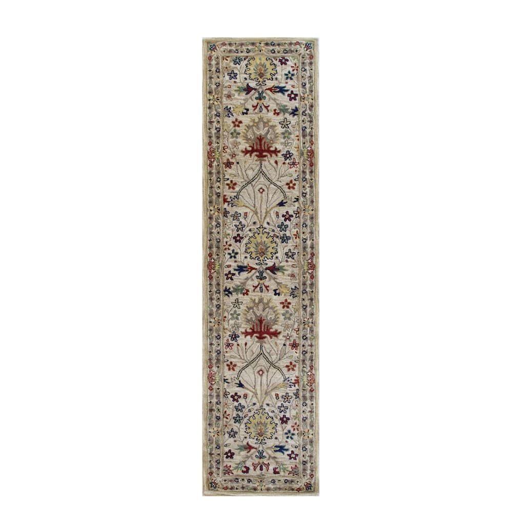 Ivory Hand-Tufted Wool Traditional Morris Rug, 2'6 x 10', Timeless Soft Floor Covering - L