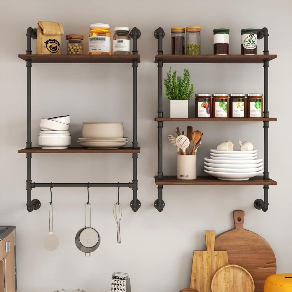 2-piece Rustic Industrial Pipe Wall Mounted Display Shelves with 3 Hooks