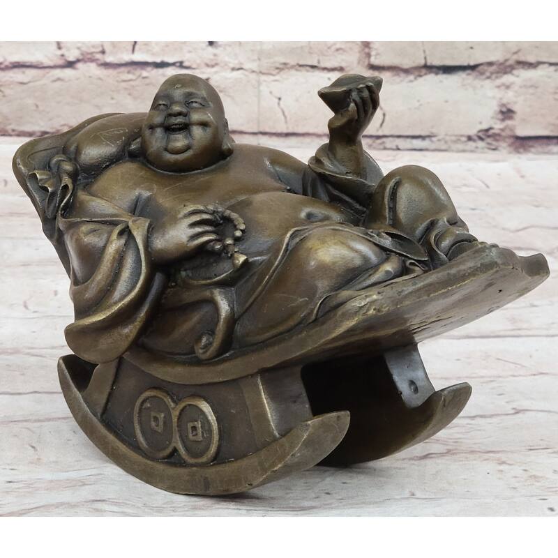 Laughing Buddha On Rocking Chair Bronze Figurine Statue Sculpture Original Art
