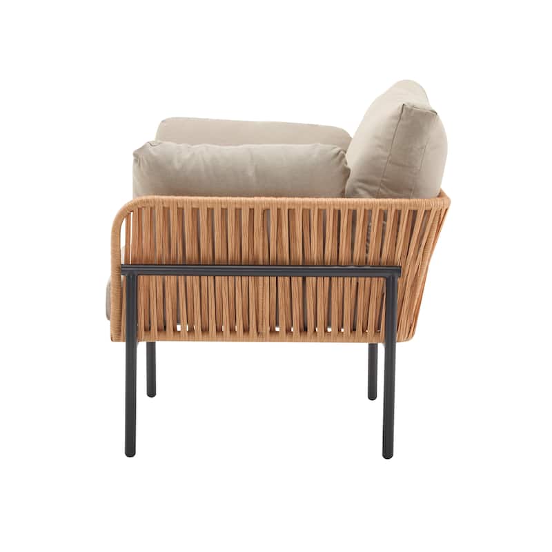 [Set of 2] 36" Beige Iron Lounge Chair with Rope Weave Design and Plush Cushions, Perfect for Indoor and Outdoor Relaxation
