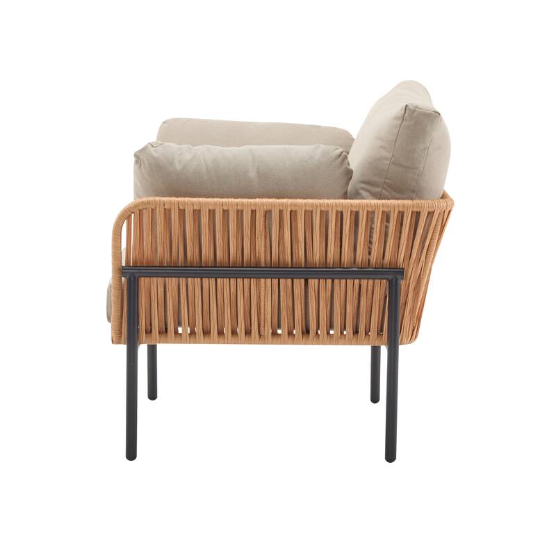36" Light Wood-Tone Rope Iron Lounge Chair with Cushions, Perfect for Natural and Modern Spaces