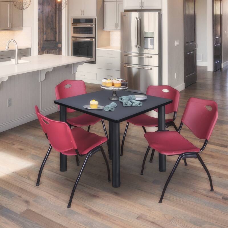 42 in. Square Breakroom Table- Grey/ Black & 4 'M' Stack Chairs- Burgundy