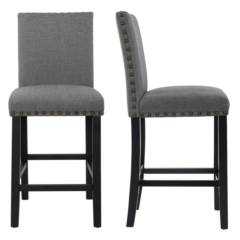 25 Inches Fabric Upholstered Counter Height Bar Stools with Back and Nailhead Trim Set of 2 - Grey-2-piece
