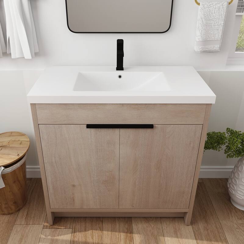 Freestanding Plywood Bathroom Vanity Set in Plain Light Oak with Integrated Sink