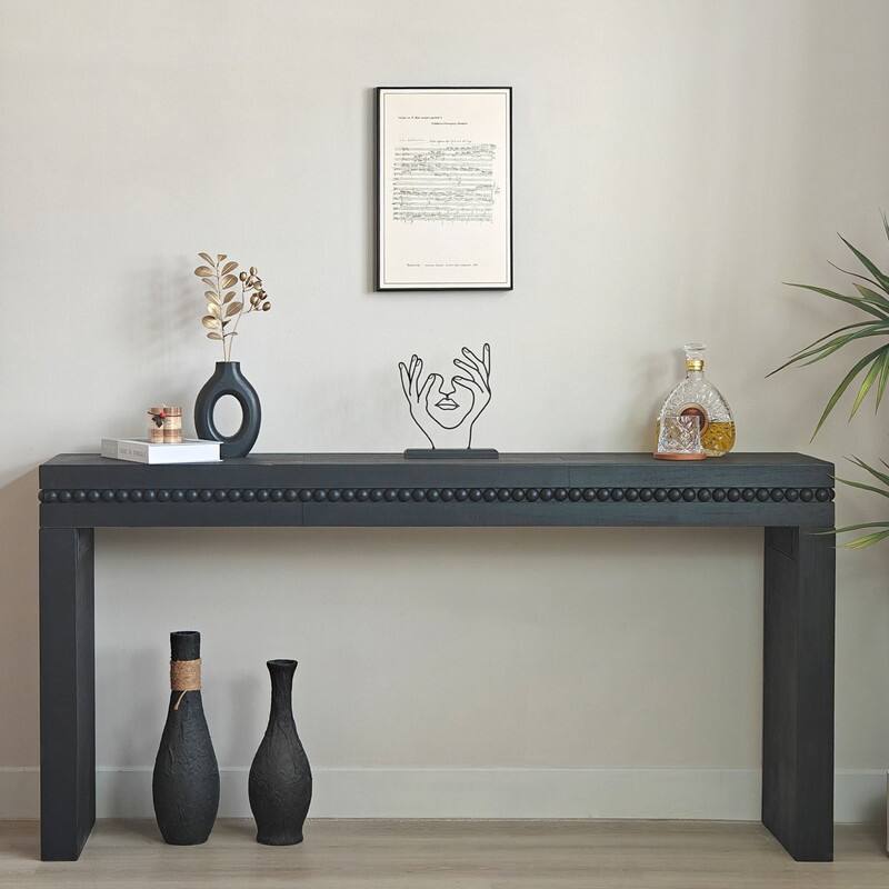 64-Inch Modern Wood Console Table with Beaded Trim - Stylish Entryway & Living Room Accent Table - Antique Black