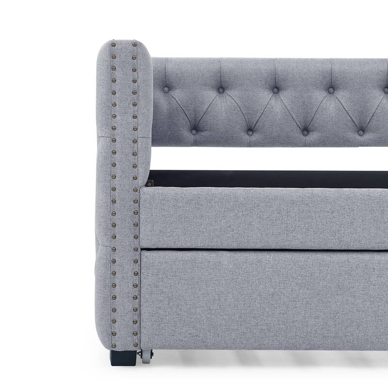 Roomfitters Upholstered Tufted Daybed with Trundle, Full Size Sofa Bed with Twin Trundle and Nailhead Trim on Square Arms