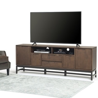 WYNDENHALL Devlin SOLID HARDWOOD 72 inch Wide Industrial TV Media Stand in Walnut Brown For TVs up to 80 inches