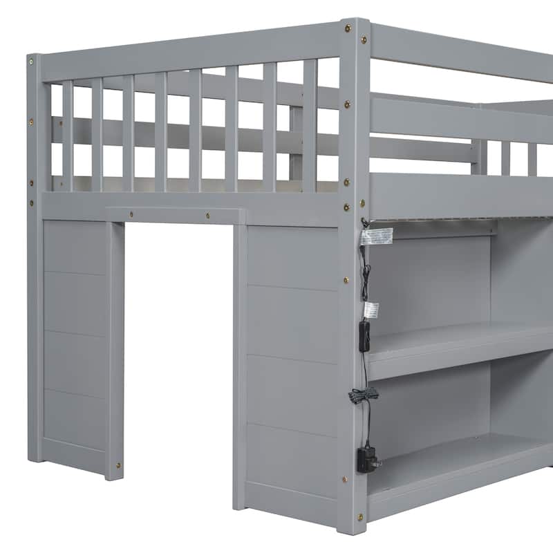 Grey Twin Size Wood Low Loft Bed with Two-Tier Shelves and LED