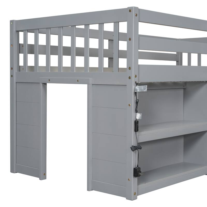 Twin Size Low Loft Bed with Shelves, LED Light, and Play Area, Grey
