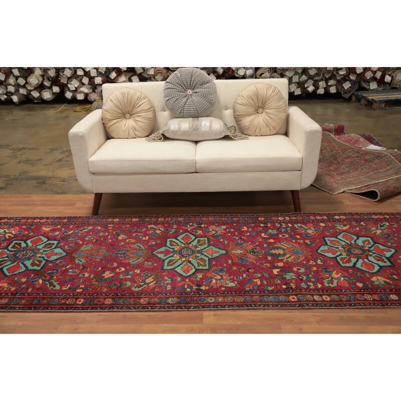 Hand Knotted Oriental 100% Wool Carpet Traditional Geometric Red Tabriz Runner Rug - 10' 9'' X 3' 6''