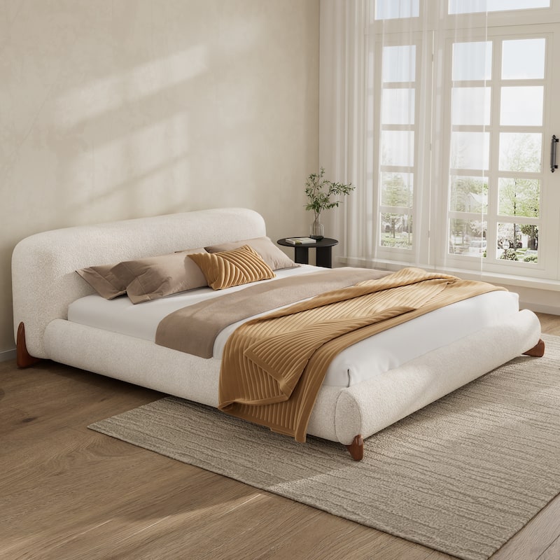 White Upholstered Low-Profile Platform Bed with Boucle Thick Headboard, Solid Wood Legs Grounded Bed Frame, Floor Bed - White - Queen